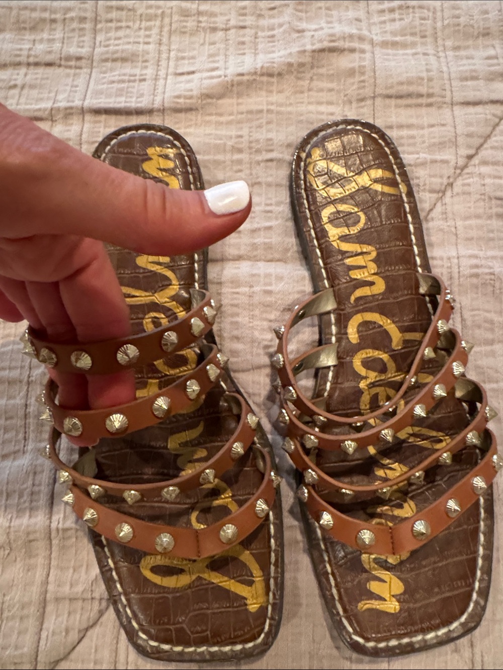 Sam Edelman Tan Brown Leather Studded Slide Sandals - Picture 2 of 5